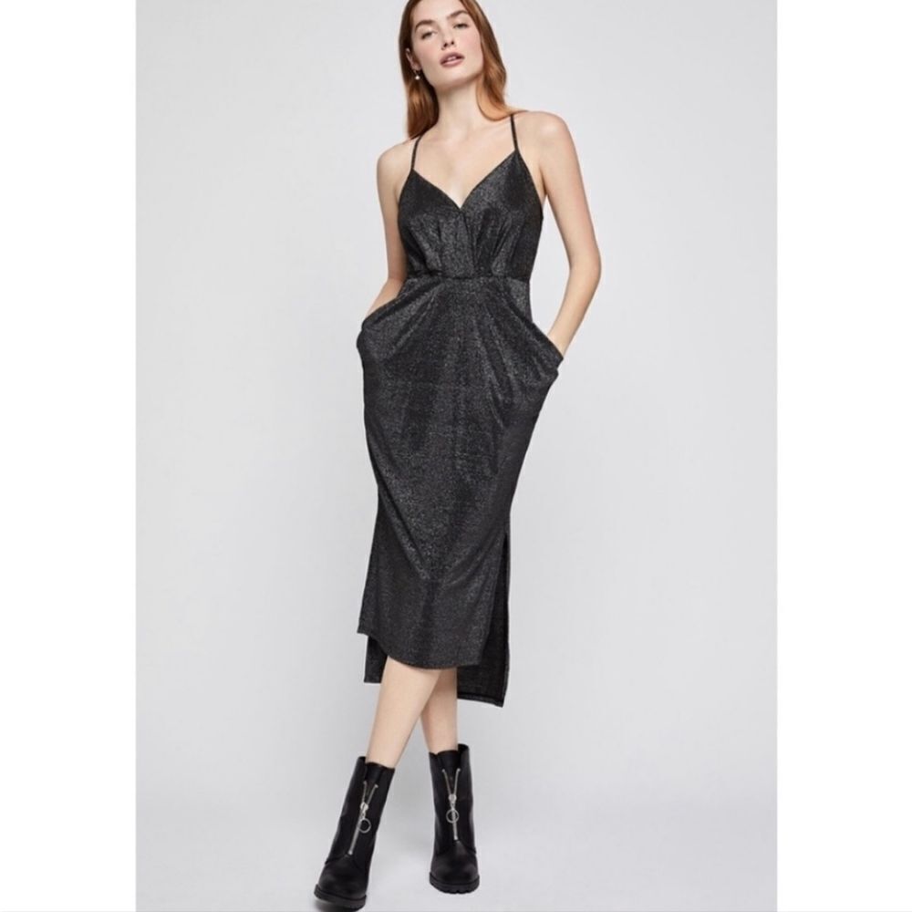 BCBGeneration Metallic Black Silver Drape Pocket Midi Dress